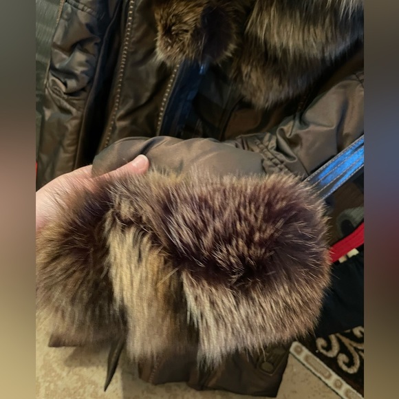 100% REAL Fur trim down belted coat leather buttons made in Italy size Small - Picture 5 of 12